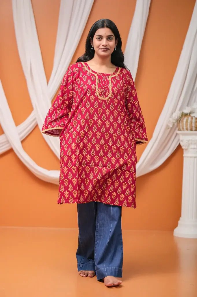 Maroon Golden Blue Small Flower Neck Lace Kurti 