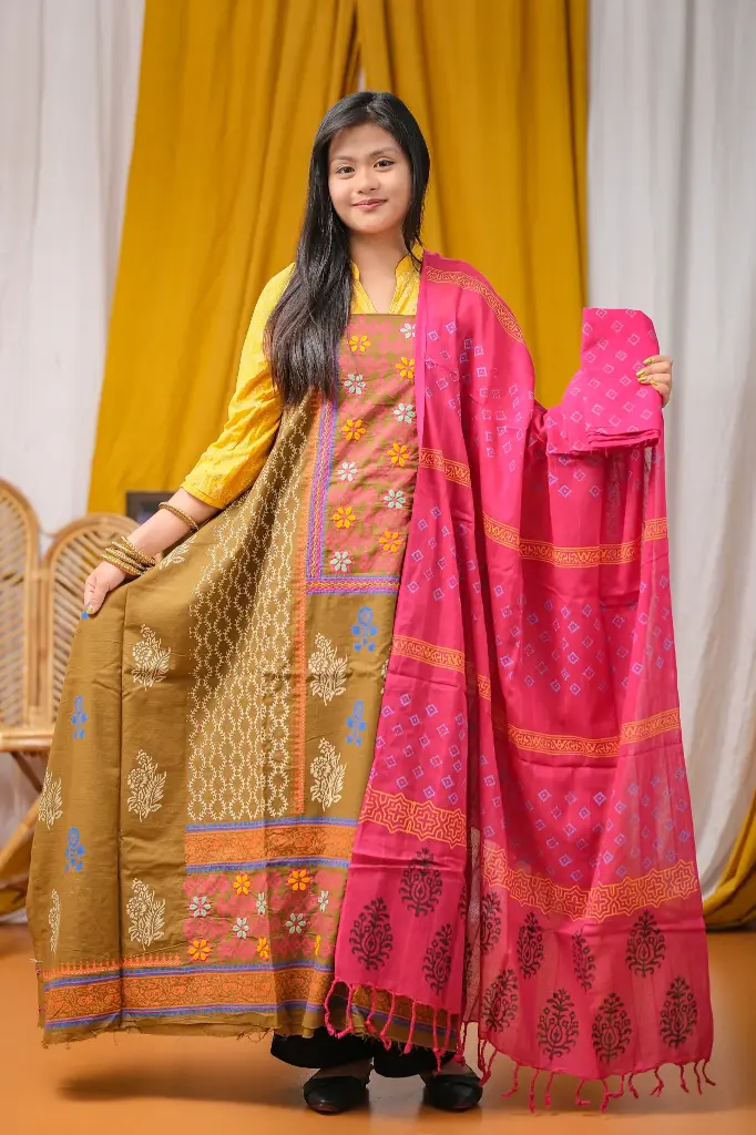 Olive Brown Deep Maroon Hand Work Cotton Slab Unstitched Three Piece