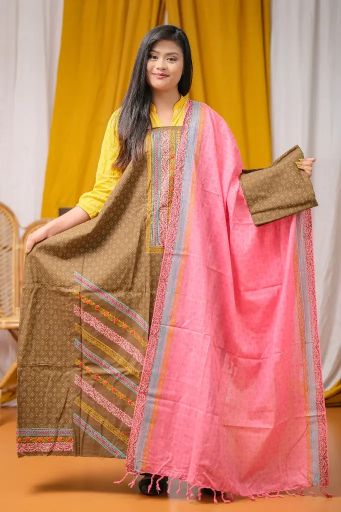 Olive Brown Baby Pink Hand Work Cotton Slab Unstitched Three Piece