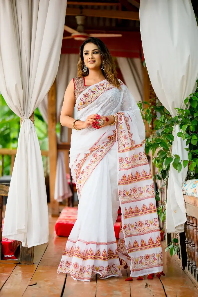 Noboneeta- White Body Golden Maroon Floral Half Silk Screen Print Sharee