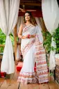 Noboneeta- White Body Golden Maroon Floral Half Silk Screen Print Sharee