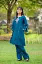 Deep Teal Blue Jacquard Cotton Embroidery Co-ords Set