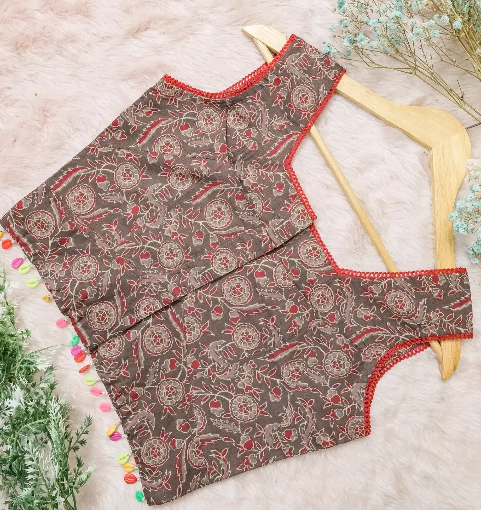 Warm Grey Red Floral Lace Work Multicoloured Kori  Sleeveless Blouse