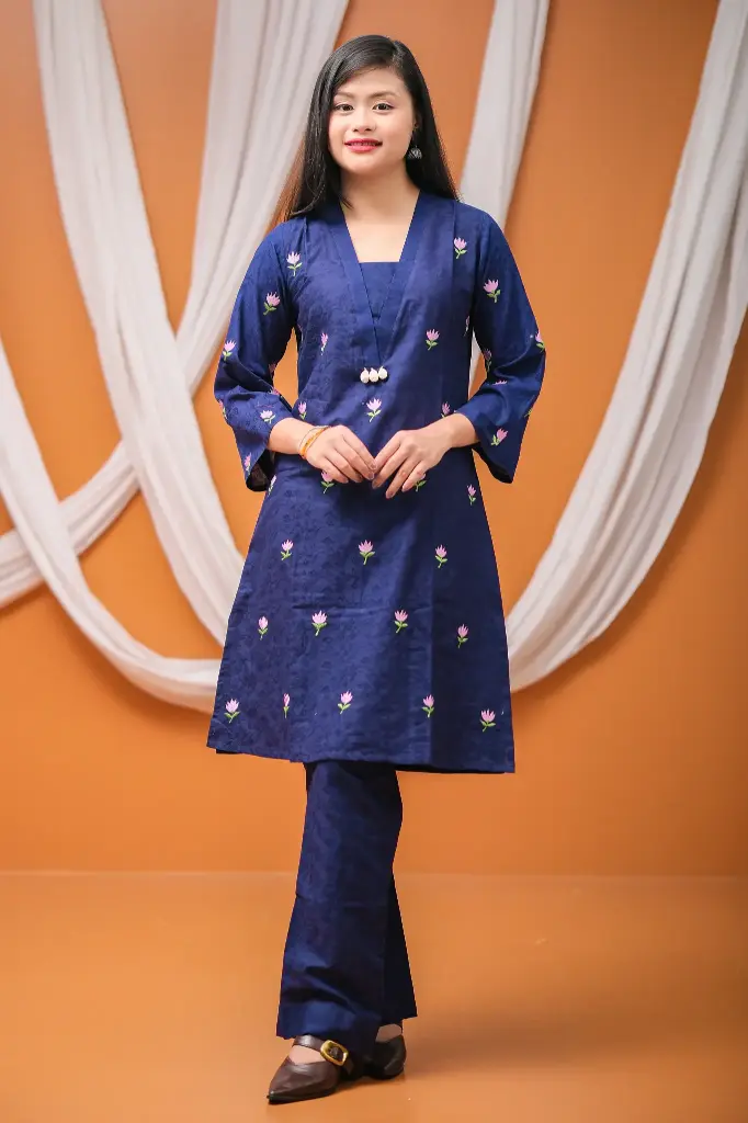 Dark Blue Small Flower Embroidery Co-Ords Set