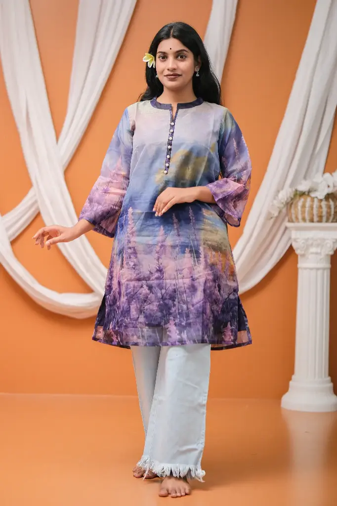 Lavender Flowers Synthetic Muslin Kurti