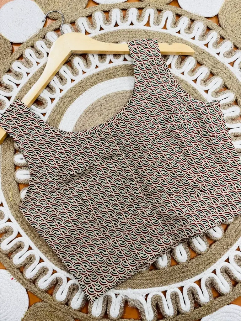 Beige Scallop Print Sleeveless Jaypuri Cotton Blouse