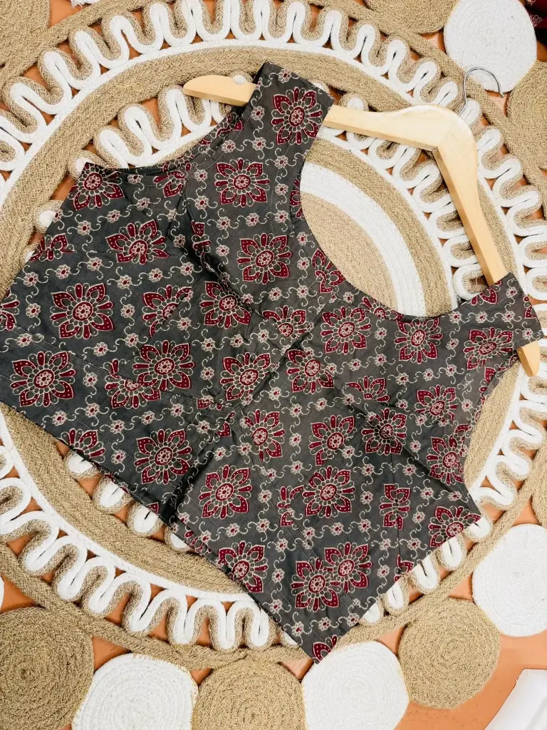 Dark Grey Flower Sleeveless Jaypuri Cotton Blouse