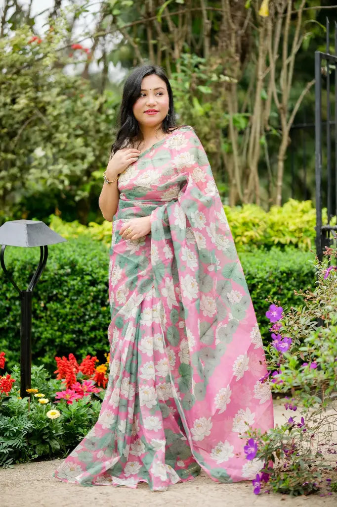 Mauve Body Lotus Floral Digital Printed Muslin Sharee