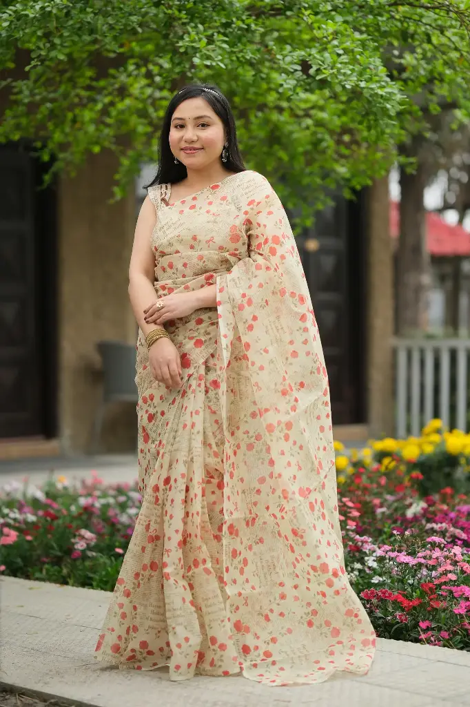 Beige Body Red Rose And Typography Digital Printed Muslin Sharee