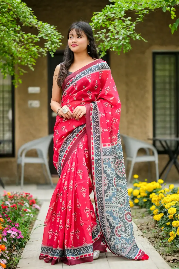 Red Orange Azrakh Motif Digital Print Mix Cotton Sharee