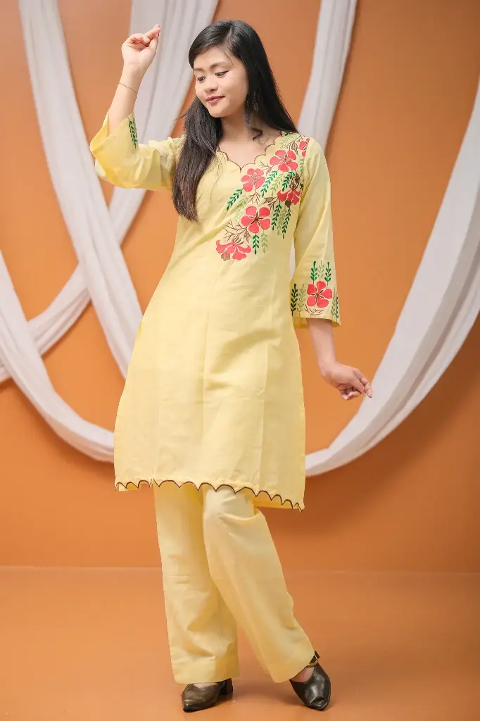 Yellow Body Royal Poinciana Embroidery Co-Ords Set