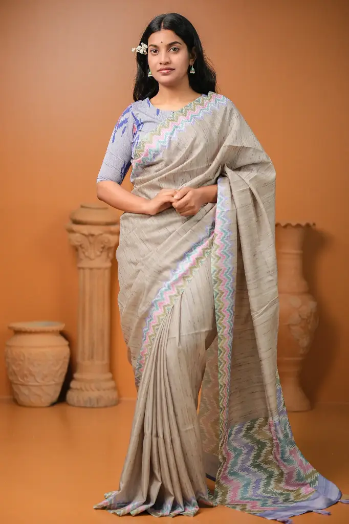 Beige Body Olive Pink Teal Lavender Zigzag Motif Tashar Sharee