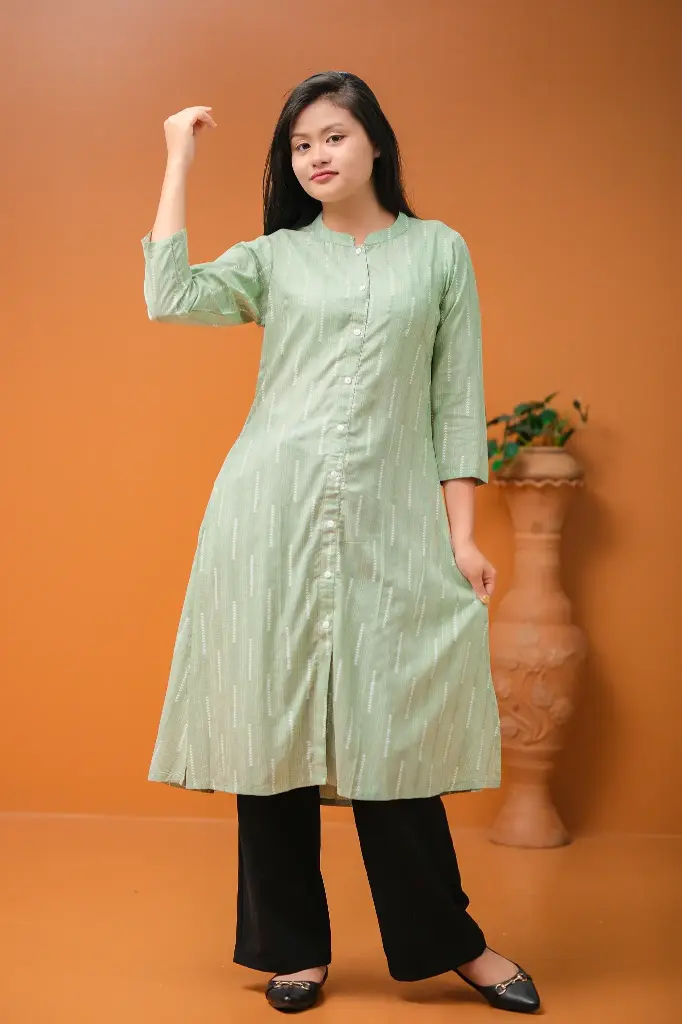 Pastel Green Stripped A-Shaped Kurti