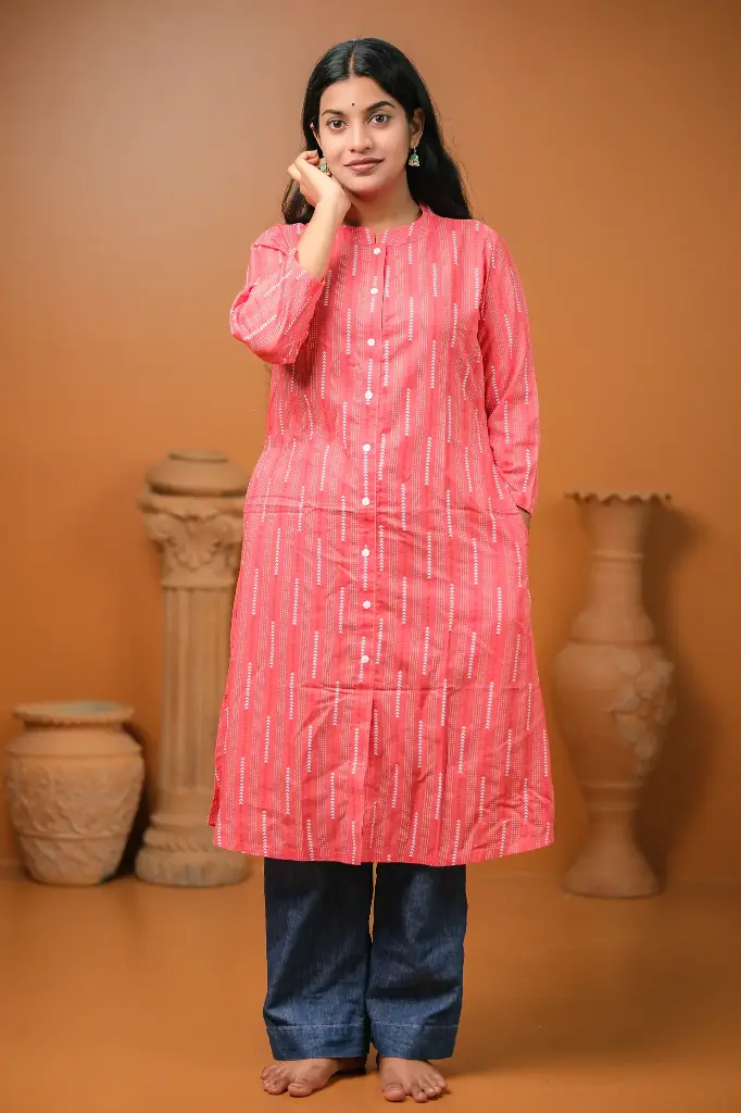 Coral Red Stripped A-Shaped Kurti