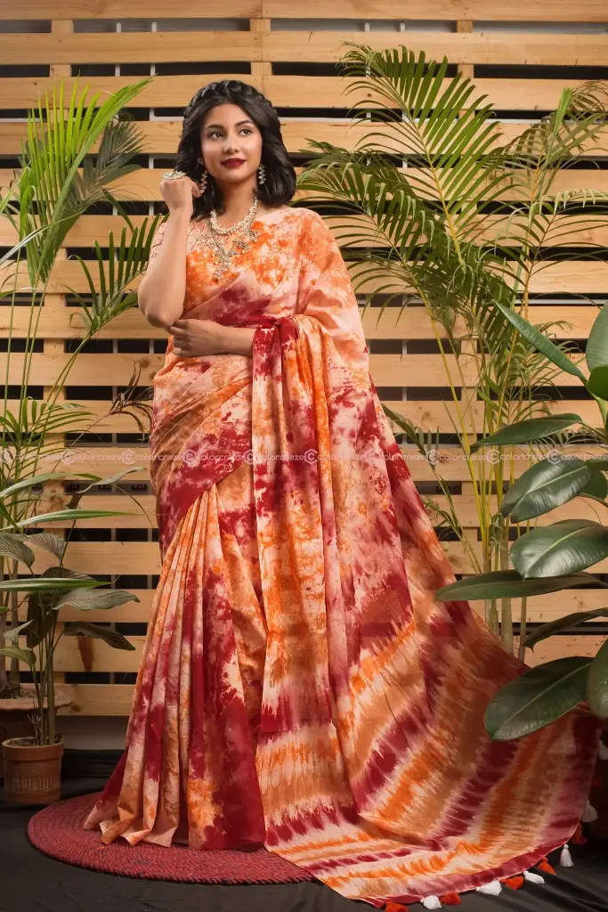 Burnt Orange Red Cream Shibori Tie-Dye Sharee