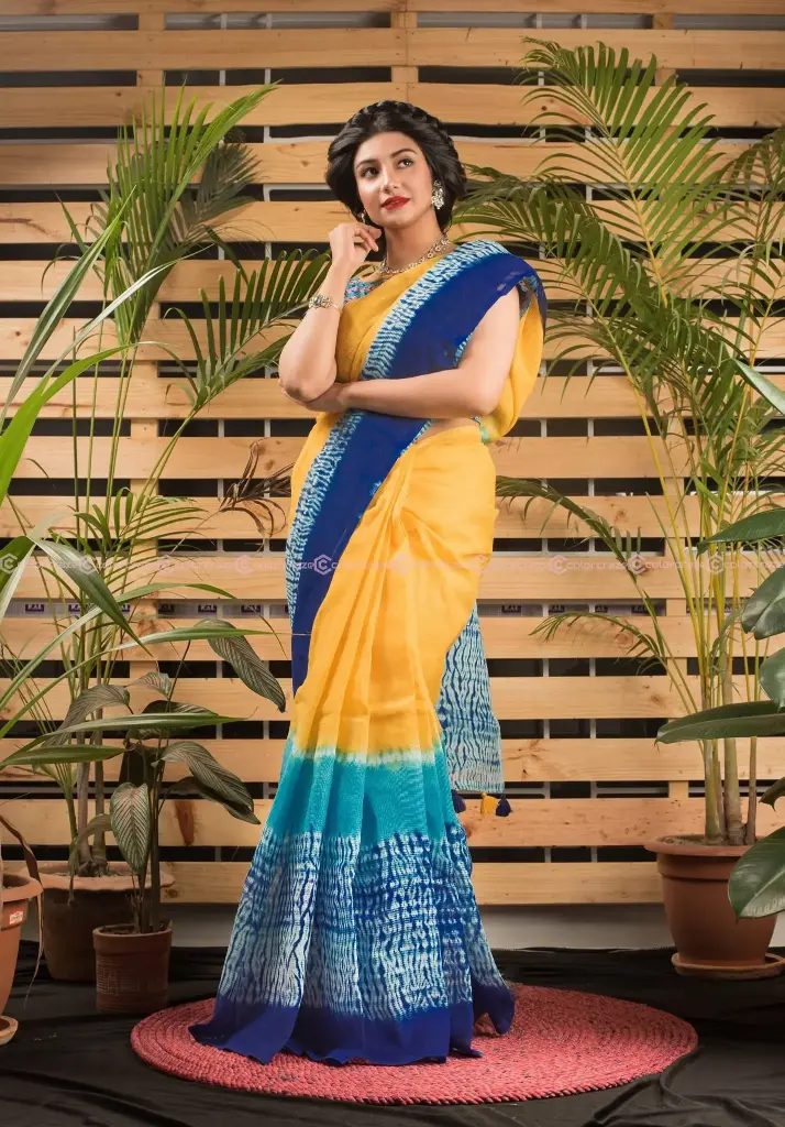 Yellow Blue White Shibori Tie-Dye Sharee