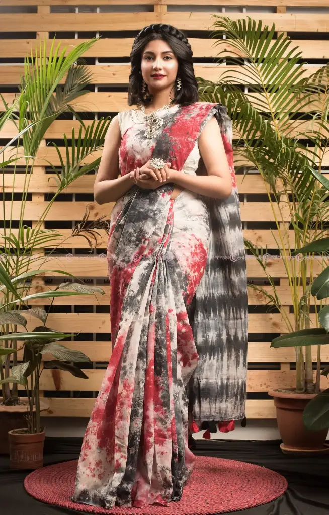 Red Black White Shibori Tie-Dye Sharee