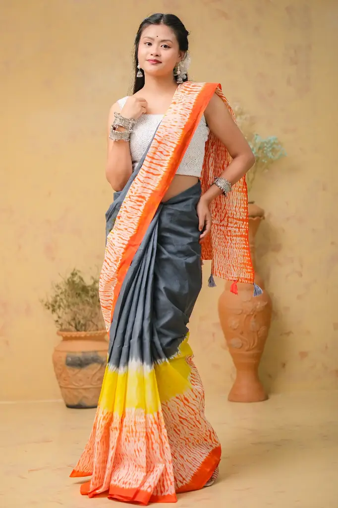 Grey Bright Orange Yellow Shibori Tie-Dye Sharee