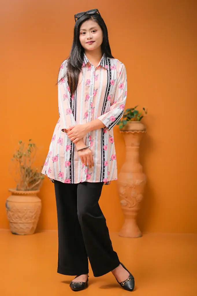 Multicolor Striped Floral Short Kurti