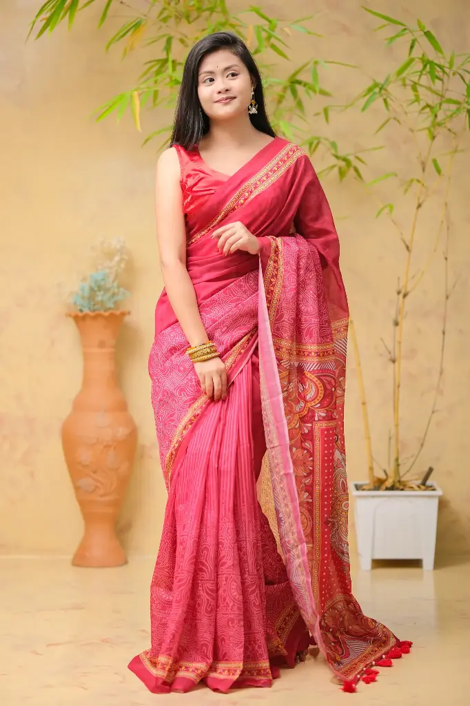 Hot Pink Body Polka Dots Anchal Floral Digital Print Mix Cotton Sharee