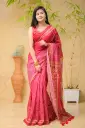 Hot Pink Body Polka Dots Anchal Floral Digital Print Mix Cotton Sharee