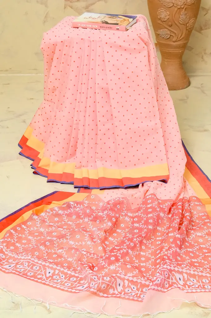 Peach Body Polka Design Red Jamdani Motif Half Silk Screen Print Sharee