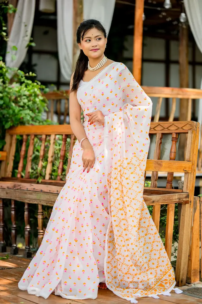 White Jamdani Motif Half Silk Screen Print Sharee