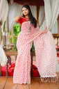 Nirmola- Cream Body Red Jamdani Pattern Half Silk Screen Print Sharee