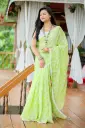 Kolaboti- Light Lime Green Floral Motif Half Silk Screen Print Sharee