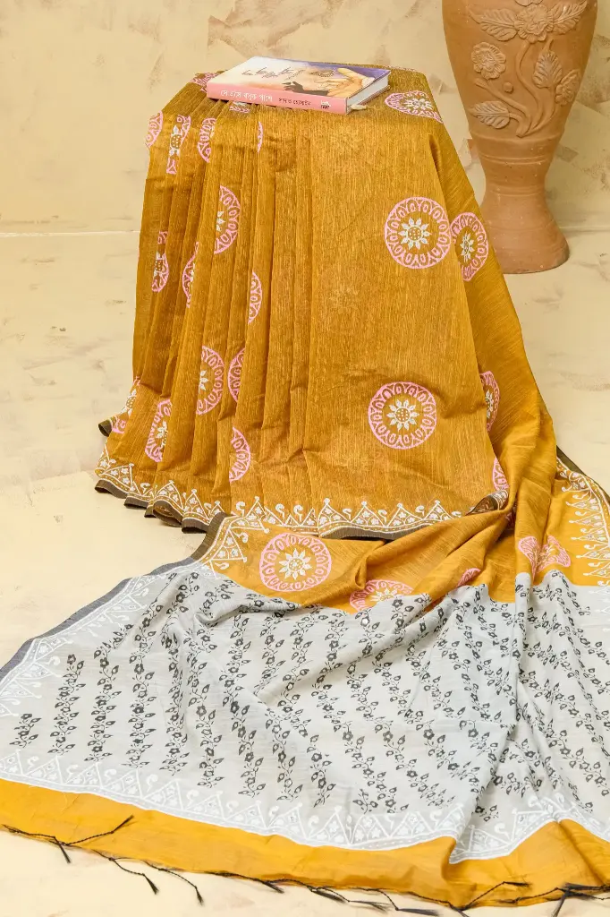 Brown Orange Body Ash Anchal Black Floral Sequins Work Screen Print Sharee