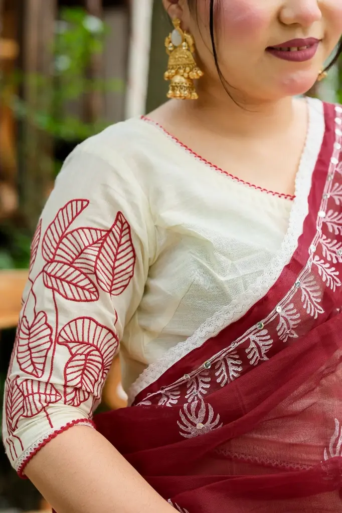 Cream Body Red Leaf Round Neck Embroidery Blouse  