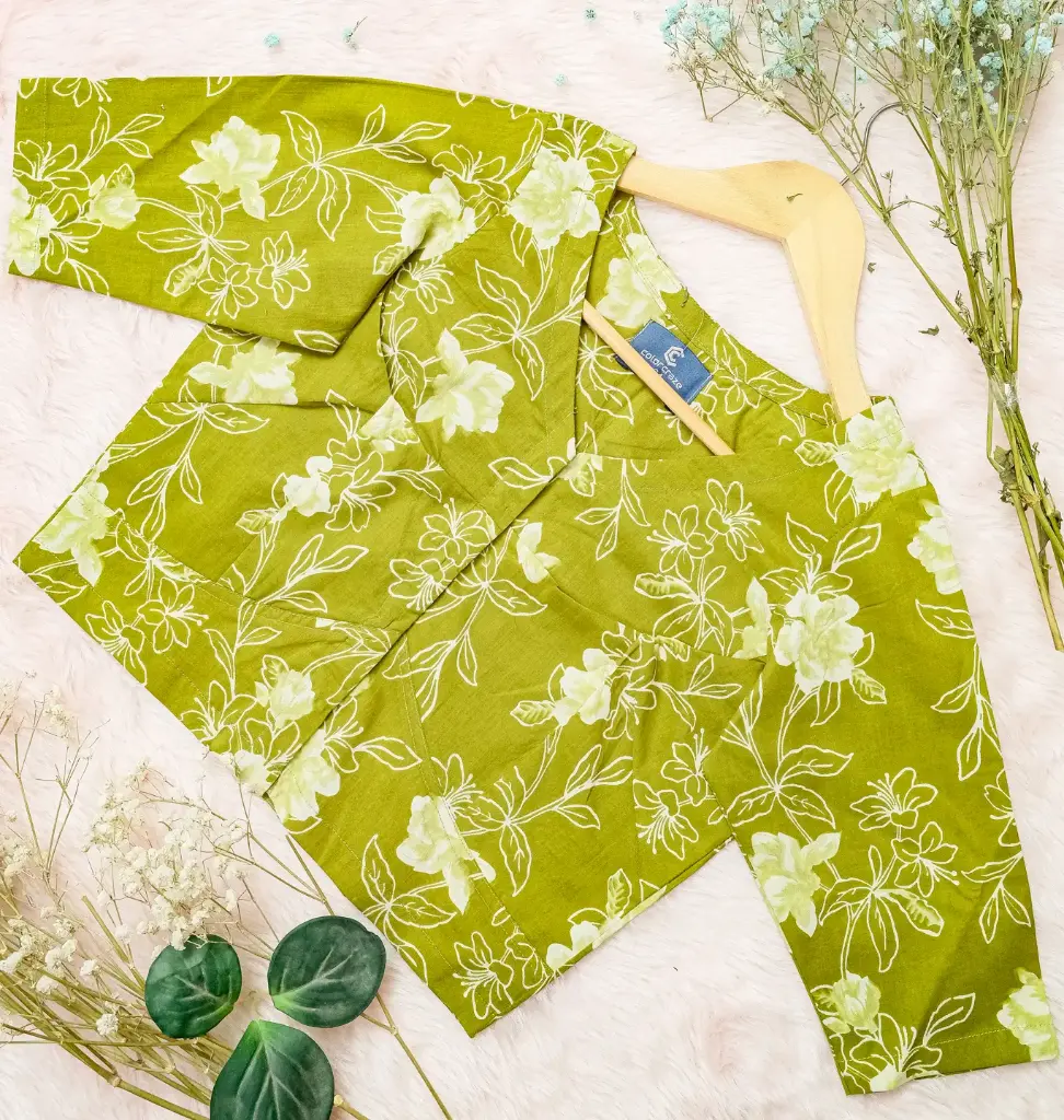 Olive Floral V-Nack Jaypuri Cotton Blouse