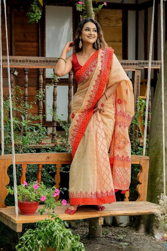 Bulbul- Nude Brown Body Maroon Red Hand Work Sharee