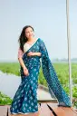 Monpura- Deep Teal Jamdani Motif Screen Print Cotton Sharee