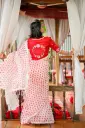 Red Body White Lace Shirt Collar Fluffy Sleeve Back Round Flower Embroidery Blouse 