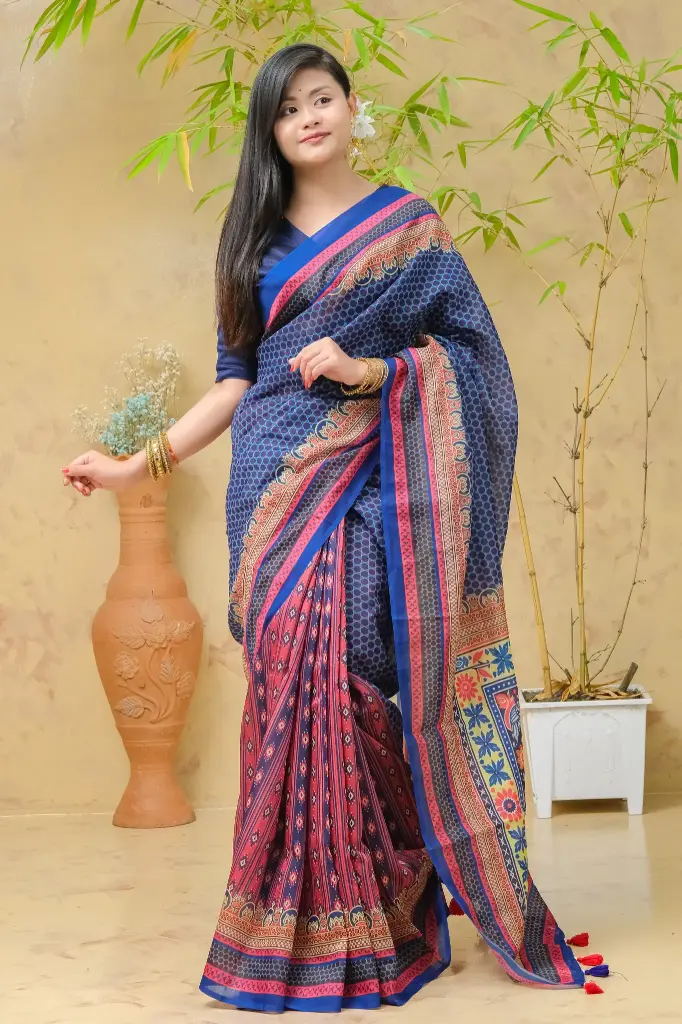 Deep Blue Body Multicolor Floral Anchal Digital Print Mix Cotton Sharee
