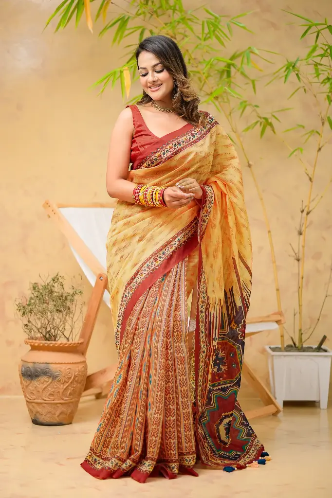 [0108] Arunima-Mustard Yellow Deep Maroon Digital Print Mix Cotton Sharee