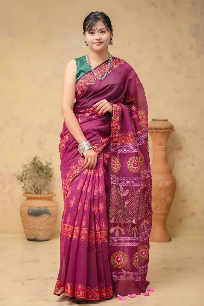 Dark Magenta Body Brown Pink Green Orange Floral Hand Work Sharee 