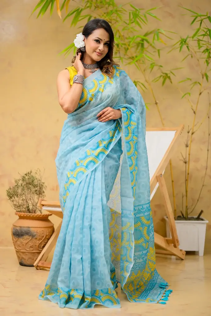 Diptimoye- Sky Blue Body Yellow Floral Anchal Digital Print Mix Cotton Sharee