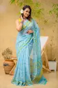 Diptimoye- Sky Blue Body Yellow Floral Anchal Digital Print Mix Cotton Sharee