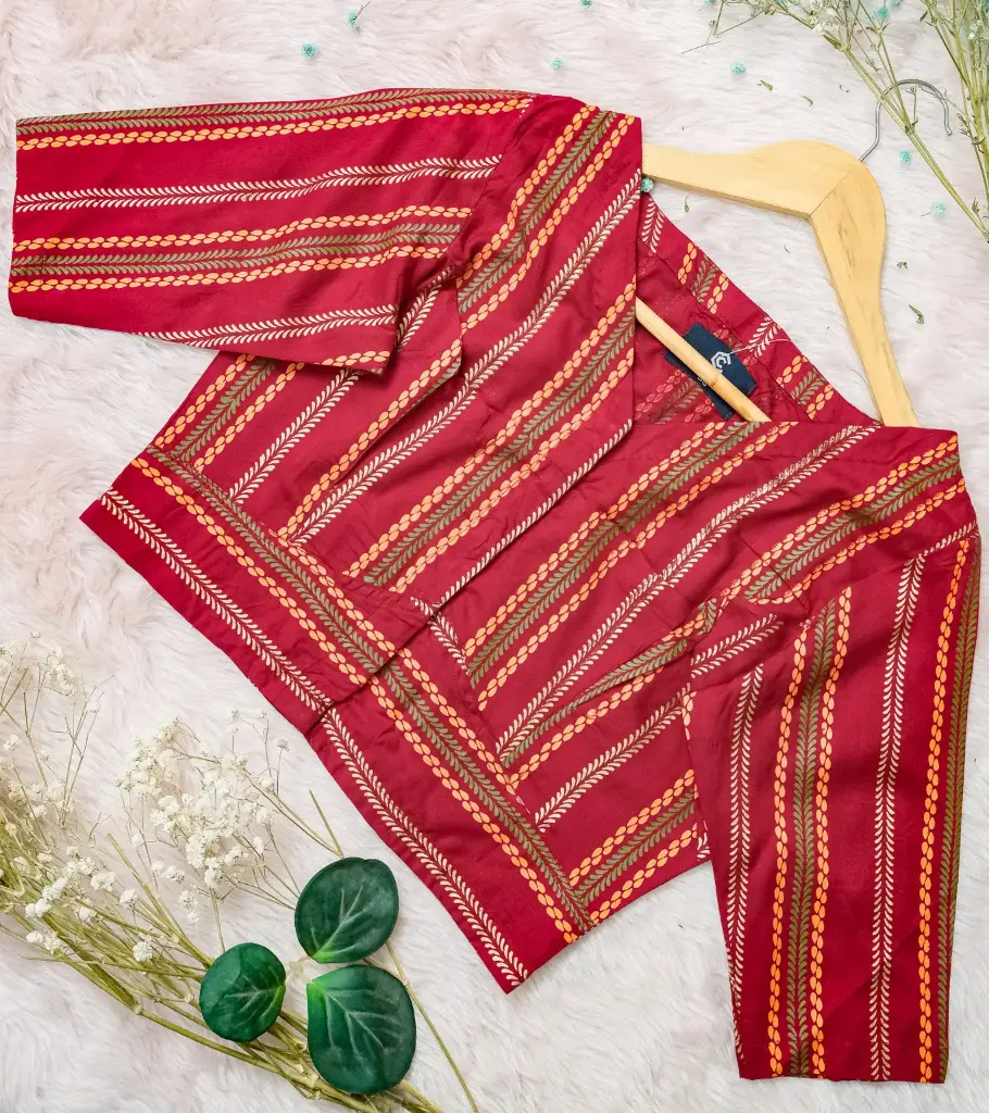 Deep Maroon Stripe Pattern Screen Print Cotton Blouse