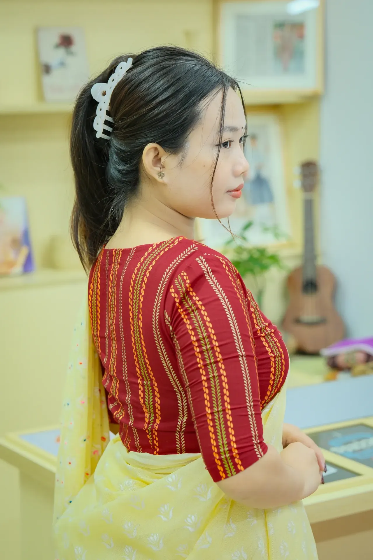 Deep Maroon Stripe Pattern Screen Print Cotton Blouse