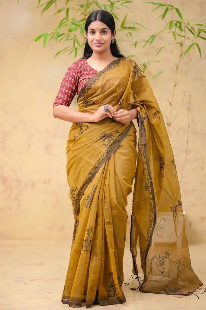 Mustard Gold Body Black Floral Block Print Half Silk Sharee