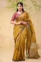 Mustard Gold Body Black Floral Block Print Half Silk Sharee