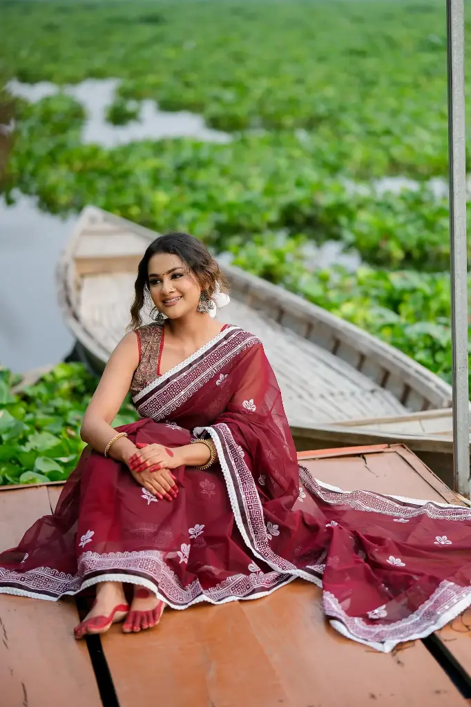 Ashabori- Dark Maroon White Flower Sequins Sharee Sharee 