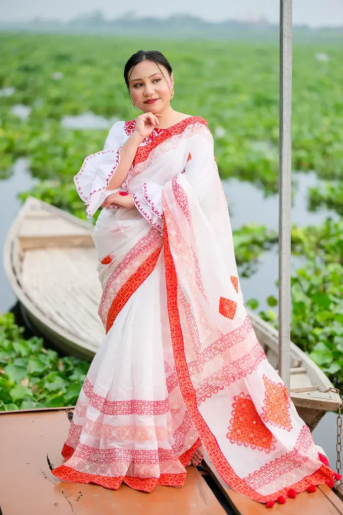 White Body Deep Red Dollar Hand Work Sharee