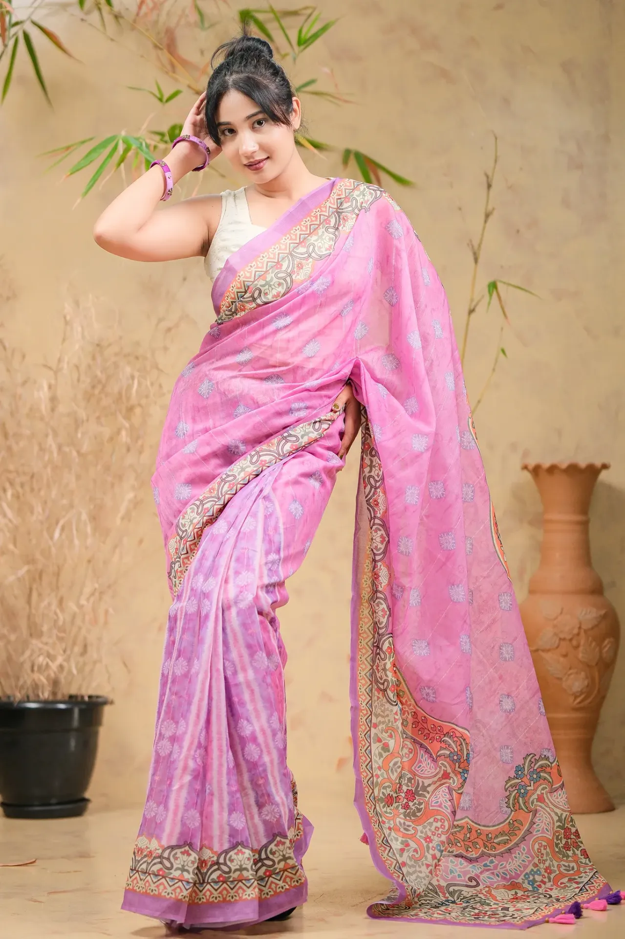 [0108] Soft Dusty Pink Floral Digital Print Mix Cotton Sharee