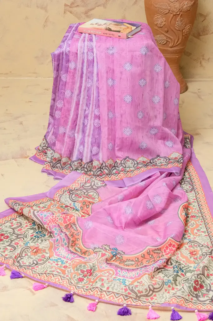 Soft Dusty Pink Floral Digital Print Mix Cotton Sharee