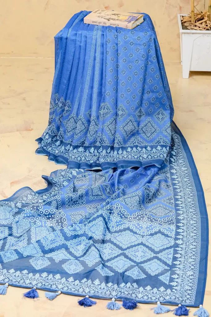 Rich Blue Geometric Pattern Digital Print Mix Cotton Sharee