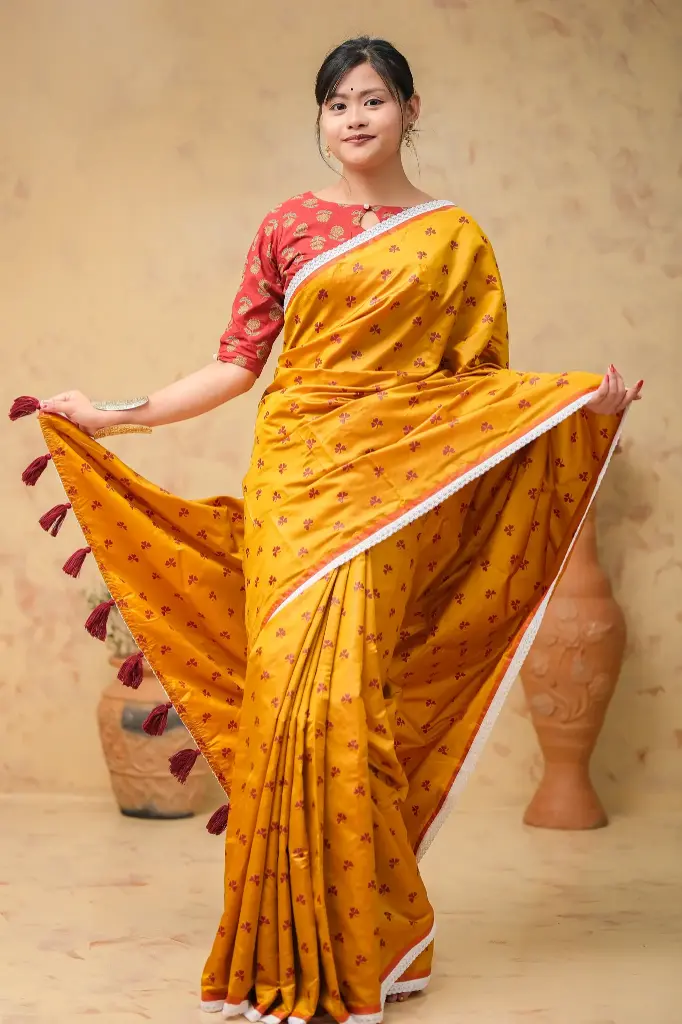 Pumpkin Brown Color Chocolate Leaf Screen Print Silk Sharee